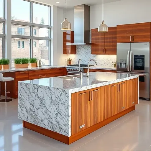 Beautiful custom kitchen island in Herriman UT with granite countertops, warm wood base, stainless steel appliances, and natural light