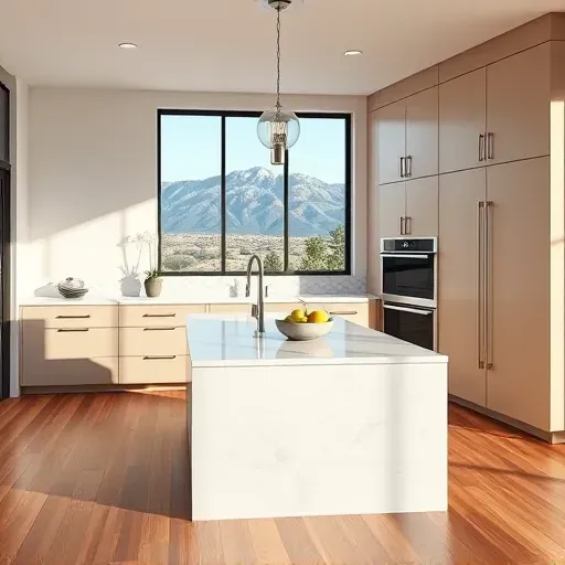 Modern Farmington kitchen with matte cabinetry quartz countertops island pendant lighting hardwood flooring stainless steel appliances scenic mountain views