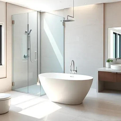 Completed contemporary shower and freestanding bathtub in a bright Herriman UT bathroom with sleek fixtures and soft LED lighting