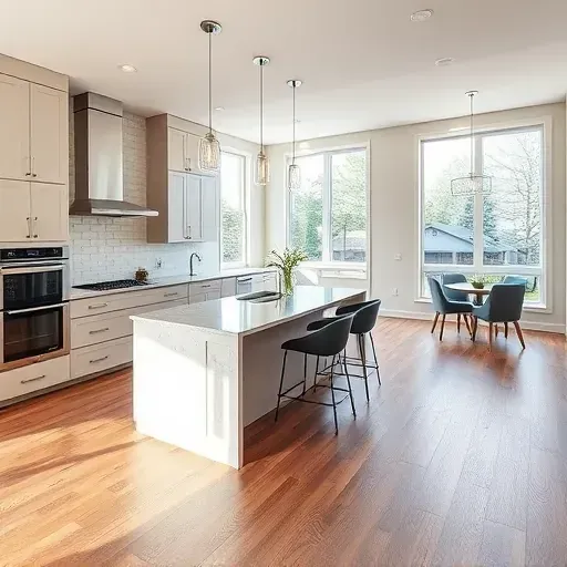 Recently remodeled modern kitchen in Taylorsville with sleek cabinetry granite countertops stainless steel appliances hardwood floors large windows and a spacious island