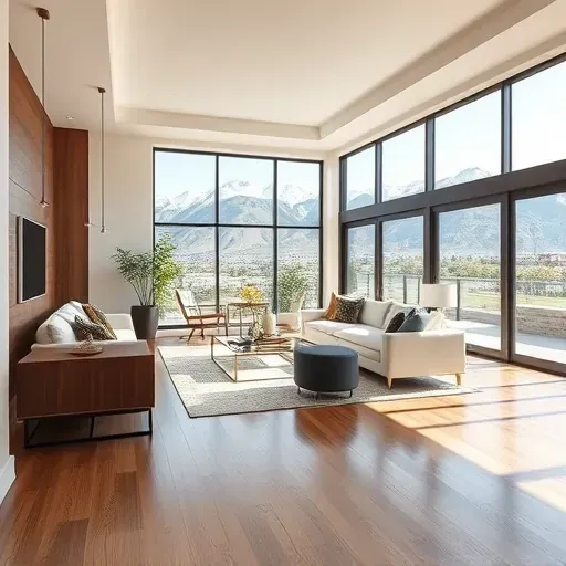 Renovated Salt Lake City living room with hardwood floors, large windows, modern furniture, mountain views, and elegant details.