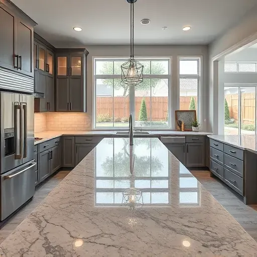 Modern kitchen remodel in Saratoga Springs featuring granite countertops, stainless-steel appliances, and stylish lighting.