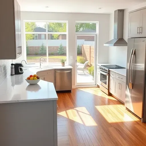 Remodeled Riverton kitchen with modern cabinets, quartz countertops, stainless appliances, hardwood floors, and outdoor view.