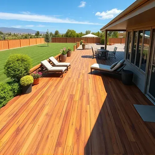 Completed Herriman, UT wooden deck with modern furniture, lush landscaping, stone pathway, and vibrant outdoor setting.