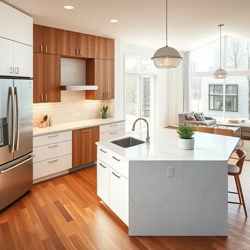 Renovated kitchen in Alpine UT with soft matte white cabinetry, quartz countertops, warm lighting, and hardwood floors.