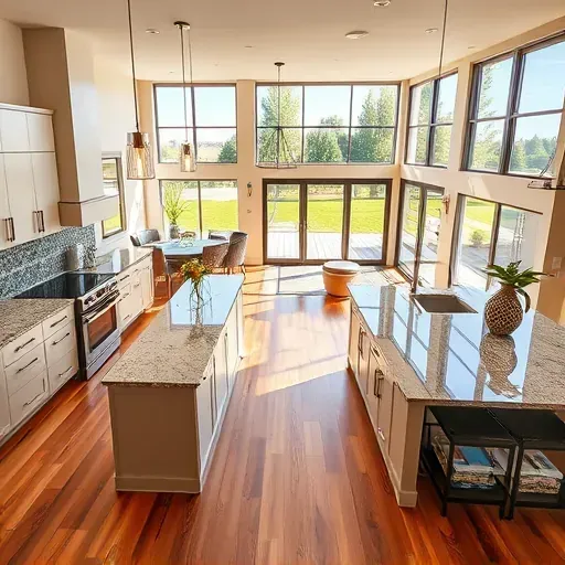 Remodeled Kaysville, UT kitchen and living area with modern cabinets, granite counters, hardwood floors, and large windows.