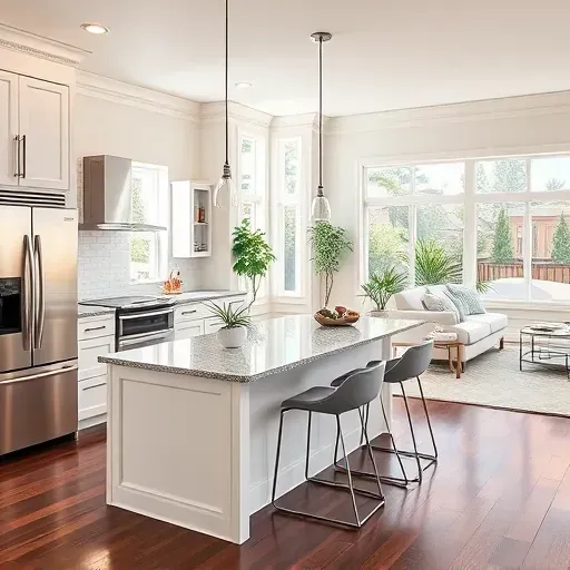 Modern kitchen in Capitol Hill remodel with stainless steel appliances, granite countertops, and cozy living area.