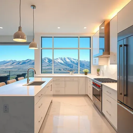 Newly completed modern kitchen in Herriman UT with energy-efficient LED lighting, marble countertops, stainless appliances, and scenic mountain views
