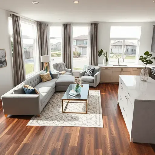 Home remodeling in Daybreak, UT with open-concept living room and modern kitchen featuring sleek furniture and elegant design.