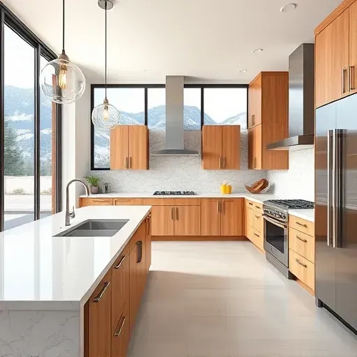Modern kitchen remodel in Wasatch Hollow, UT featuring warm wood cabinets, granite countertops, subway tile backsplash, and island.