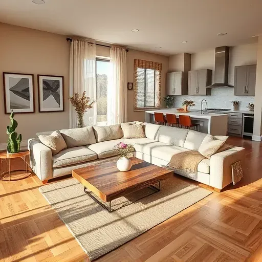 Modern living room in Saratoga Springs with plush sectional, reclaimed wood table, and elegant decor enhancing open-concept design.