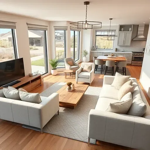 Modern remodeled living room and kitchen in Wasatch Hollow, UT with sleek furniture, hardwood floors, and natural light.