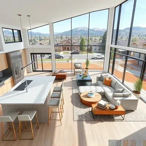 Modern living room and kitchen in Park City, UT, featuring natural light, sleek appliances, and scenic mountain views.