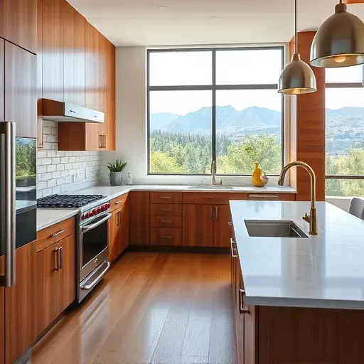 Renovated kitchen in Herriman, UT, featuring modern cabinetry, quartz countertops, and scenic views of mountains.