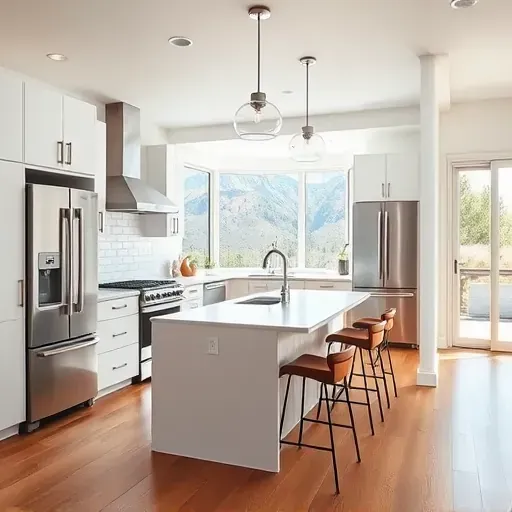 Renovated Jeremy Ranch kitchen with sleek cabinetry stainless appliances marble countertops mountain view hardwood floor