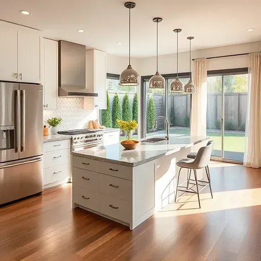 Renovated kitchen in Herriman UT with modern cabinetry, granite island, stainless steel appliances, and hardwood flooring.