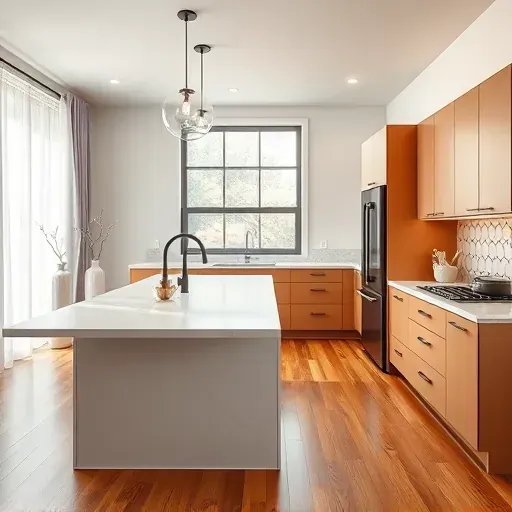 Remodeled Highland Utah kitchen with neutral quartz countertops, matte black fixtures, marble island, stainless appliances, hardwood floors, and modern decor