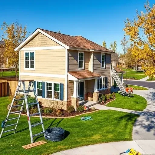 Freshly sided modern home in Herriman Utah with beige and gray siding, lush landscaping, and organized tools.