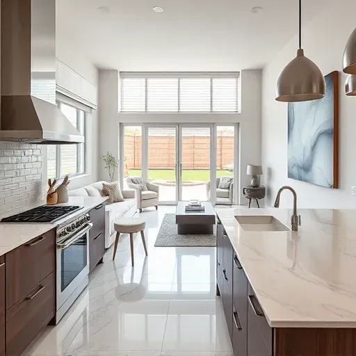 Modern Bluffdale home remodeling featuring a sleek kitchen, natural light, and a stylish living area with outdoor views.