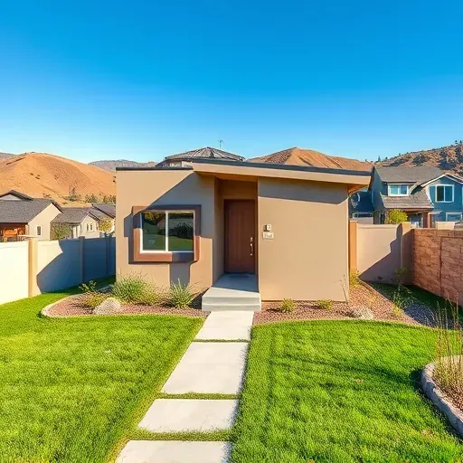 Modern ADU in Herriman Utah with earthy tones, large energy-efficient windows, landscaped yard, and neighboring suburban homes
