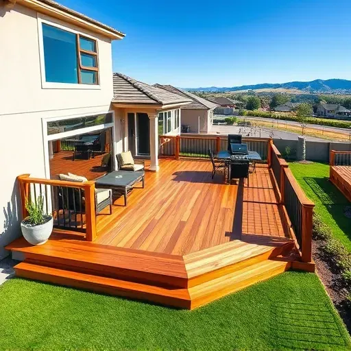 Freshly built cedar deck in Herriman Utah with modern design, lush backyard, outdoor furniture, and scenic hill background