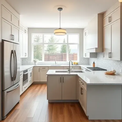 Remodeled Kaysville Utah kitchen with sleek matte cabinets stainless steel appliances quartz countertops large island pendant lighting hardwood floors and lush backyard view