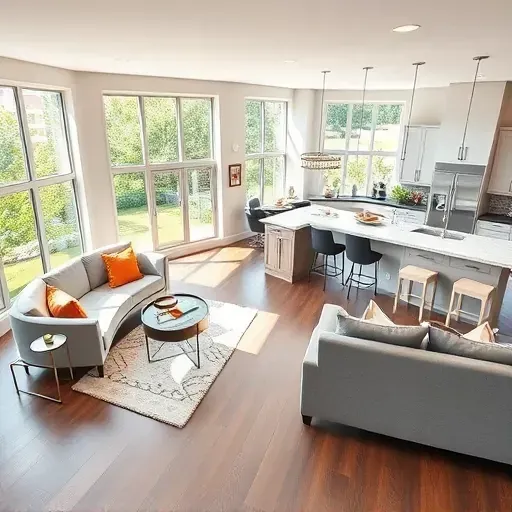 Renovated living room in Yalecrest UT with open layout, hardwood floors, large windows, modern furniture, and lush greenery.