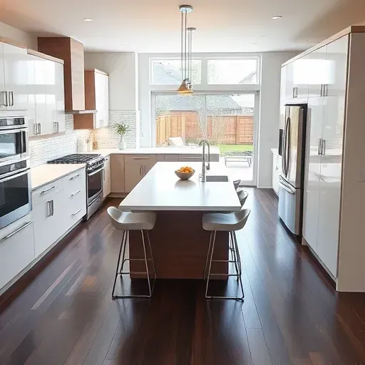 Modern Utah kitchen with sleek cabinetry, high-end appliances, quartz countertops, dark hardwood floors, and backyard view