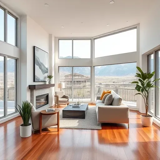 Stylish remodeled living room in Salt Lake City with modern decor, elegant fireplace, and mountain views through large windows.