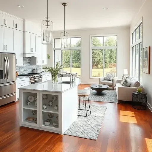 Modern kitchen remodel in Federal Heights UT featuring white cabinetry, granite island, and cozy living area decor.