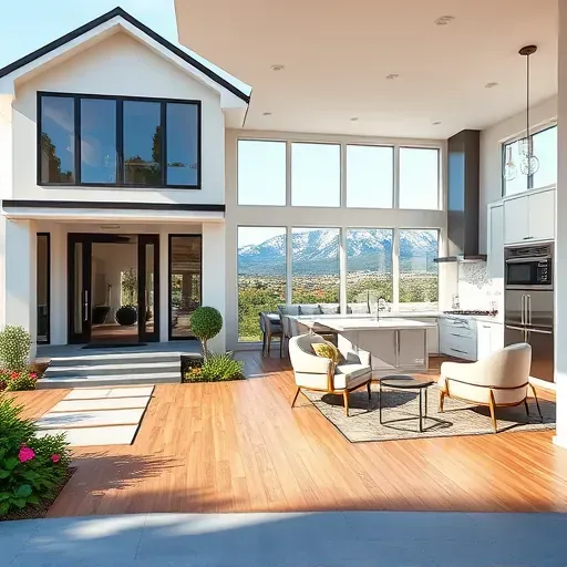 Salt Lake City home remodel features modern exterior, lush landscaping, open interior with hardwood floors, sleek kitchen, mountain views.