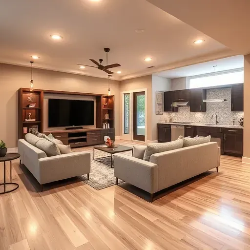 Beautiful modern basement in Herriman, UT featuring hardwood flooring, cozy seating, a large TV, and a sleek kitchenette.