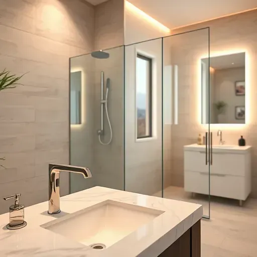 Modern Herriman bathroom with sleek chrome fixtures, LED shower lighting, backlit mirror, marble countertops, and elegant design