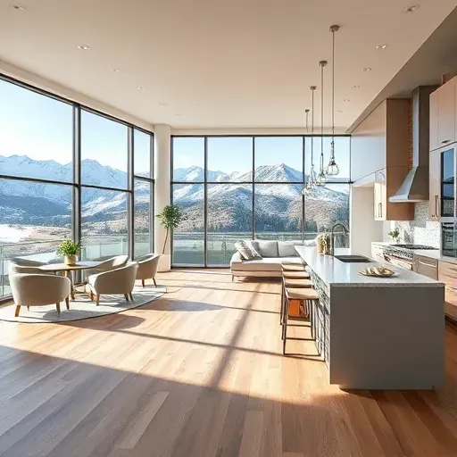 Modern Alpine kitchen with wood cabinets, stainless steel appliances, granite island, mountain views, and elegant decor.