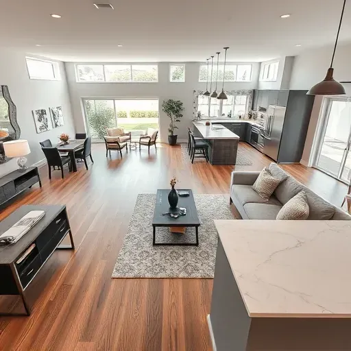 Modern open-concept living space in West Jordan UT with hardwood floors, large windows, and elegant furnishings.