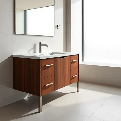 Custom modern bathroom vanity with marble countertop dark wood cabinetry brushed nickel fixtures and natural light.
