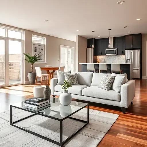 Modern living room in Holladay UT with hardwood floors, large windows, stylish furniture, and elegant decor accents.