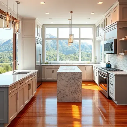 Modern remodeled kitchen in Cottonwood Heights Utah with granite countertops, hardwood floors, stainless steel appliances, marble island, mountain views