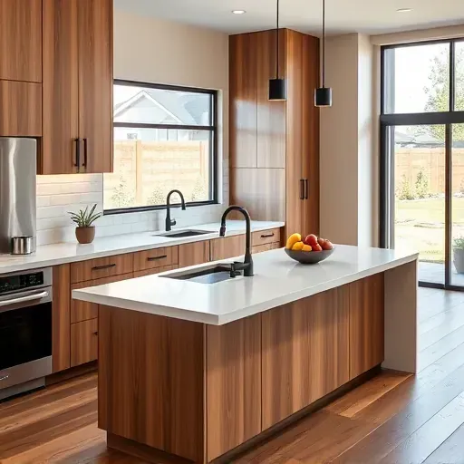 Remodeled Upper Avenues Utah kitchen with warm wood cabinets black hardware quartz island stainless steel appliances farmhouse sink LED lighting hardwood floor neutral backsplash natural light landscaped backyard