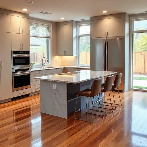 Modern Millcreek kitchen with sleek cabinets, granite counters, stainless appliances, hardwood floors, and mountain view.