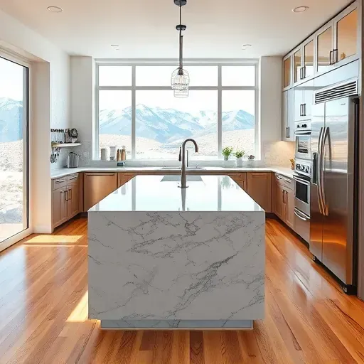 Renovated Cottonwood Heights kitchen with granite countertops, modern cabinets, stainless steel appliances, mountain views, and hardwood floors