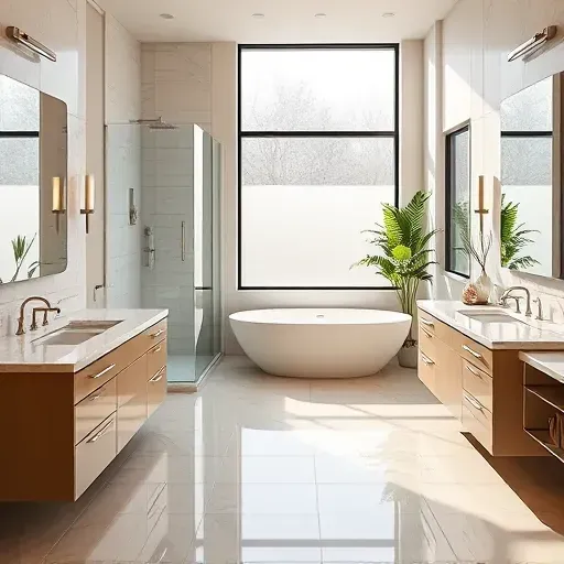 Remodeled Herriman bathroom with modern fixtures, marble vanity, large frosted glass shower, soaking tub, and lush plants.