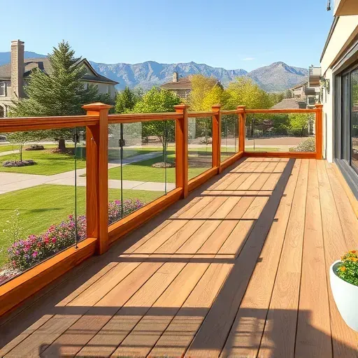 Beautiful finished deck in Herriman, UT with wooden planks, glass railings, lush landscaping, and mountain views.