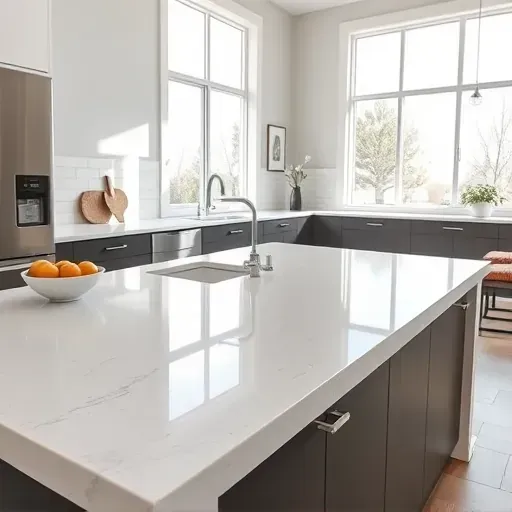 Freshly installed polished quartz kitchen countertop with precise edges in a modern sunny Herriman UT kitchen