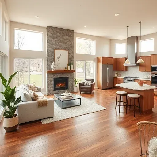 Inviting living room in Farmington UT with modern rustic design, natural light, fireplace, and open kitchen layout.