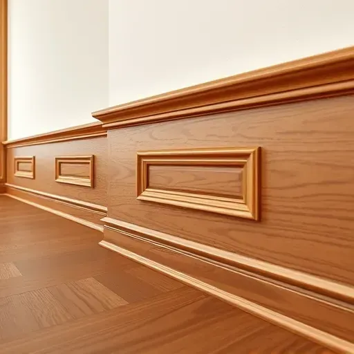 Close-up of elegant custom wooden trim and molding in a modern interiors with warm hardwood tones and precise craftsmanship