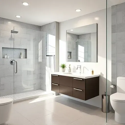 Modern Herriman bathroom with marble vanity, glass shower, textured tiles, chrome fixtures, and natural light ambiance.