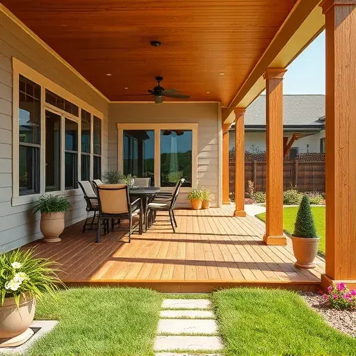 Beautiful completed wooden porch and patio with outdoor furniture, landscaped yard, and modern house in Herriman Utah