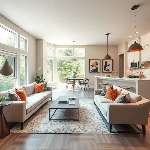 Modern living room in Lehi UT featuring open-concept design stylish furniture elegant lighting and vibrant decor accents