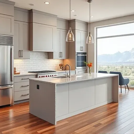 Modern kitchen remodel in Herriman UT featuring sleek cabinetry, stainless steel appliances, and natural light from large windows.